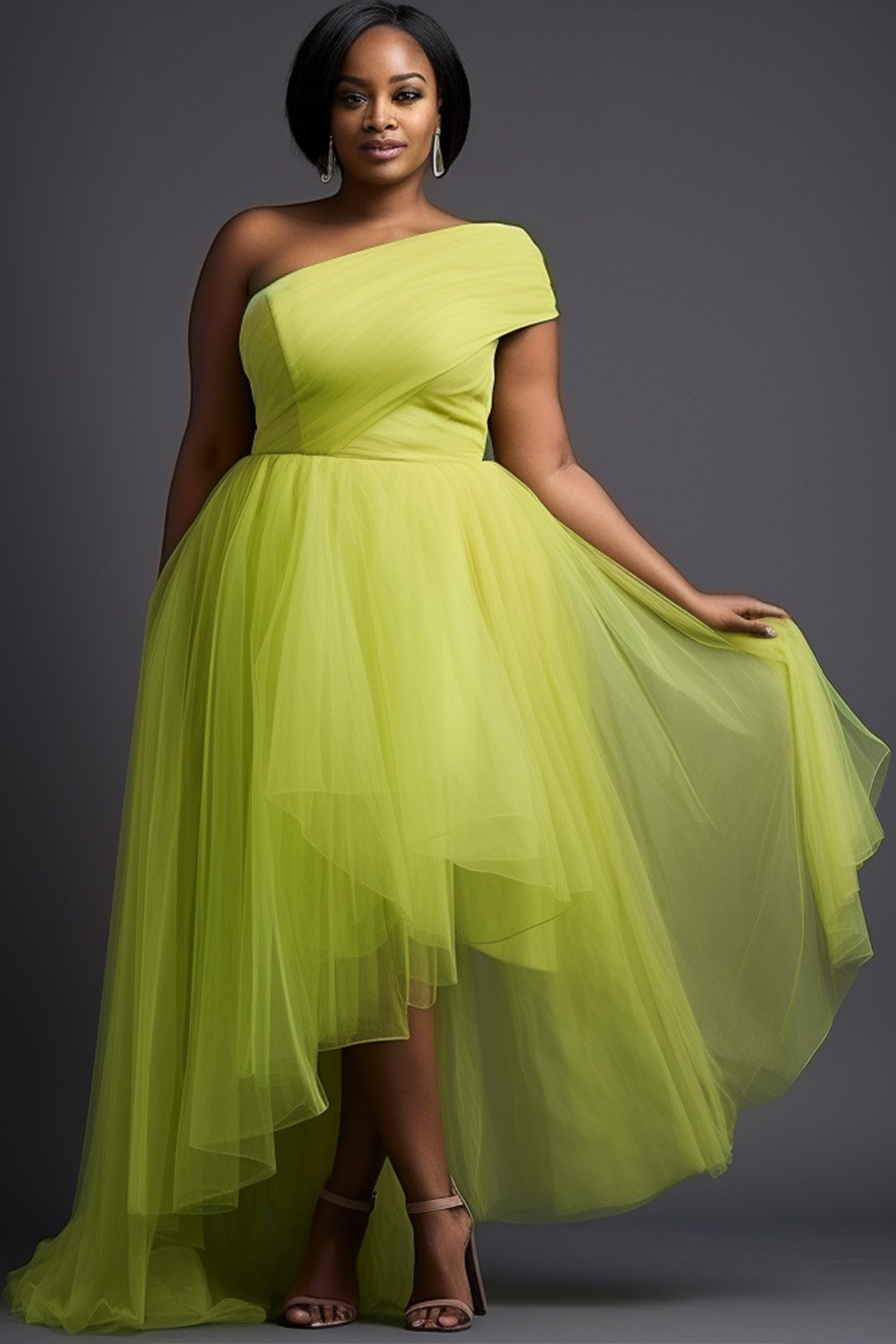 Xpluswear Design Plus Size Formal Fluorescent Green Oblique Collar One Shoulder Short Sleeve Irregular Hem Ruffle Tulle Maxi Dresses [Pre-Order]