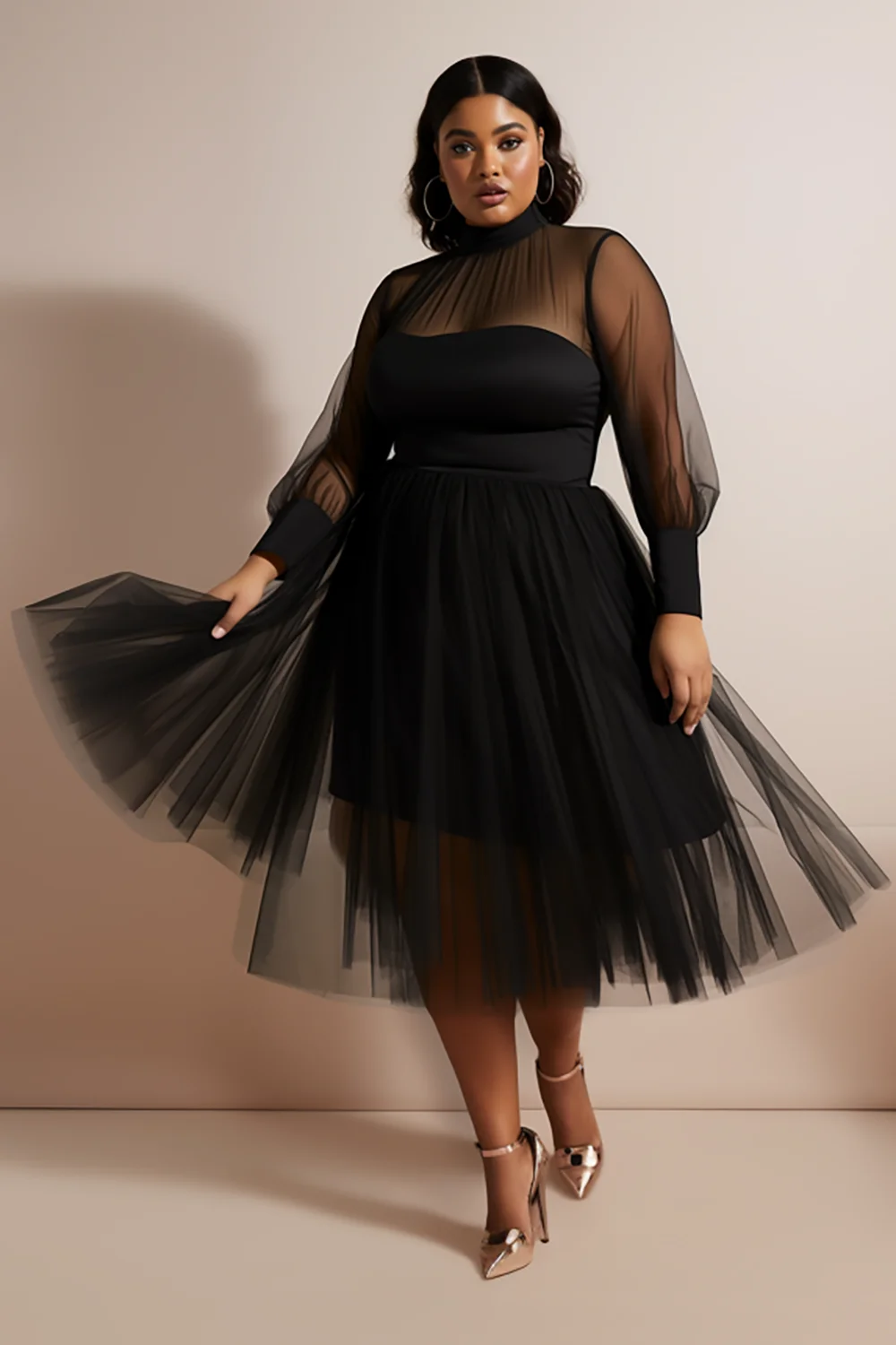 Xpluswear Design Plus Size Party Midi Dresses Elegant Black Mock Neck Tiered Tulle Long Sleeve See Through Mesh Midi Dresses