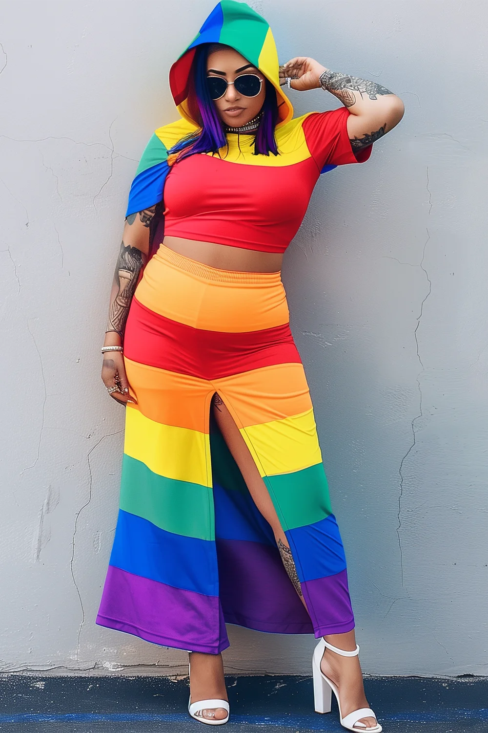 Xpluswear Design Plus Size Daily Rainbow Colorblock Hooded Short Sleeve Crop Split Two Pieces Skirt Sets [Pre-Order]