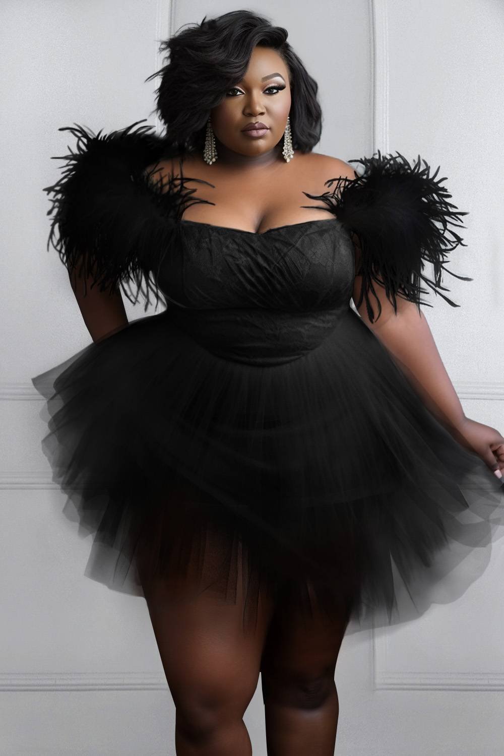 Xpluswear Design Plus Size Party Mini Dresses Black Spring Summer Off The Shoulder Feather Tiered Tulle Mini Dresses [Pre-Order]