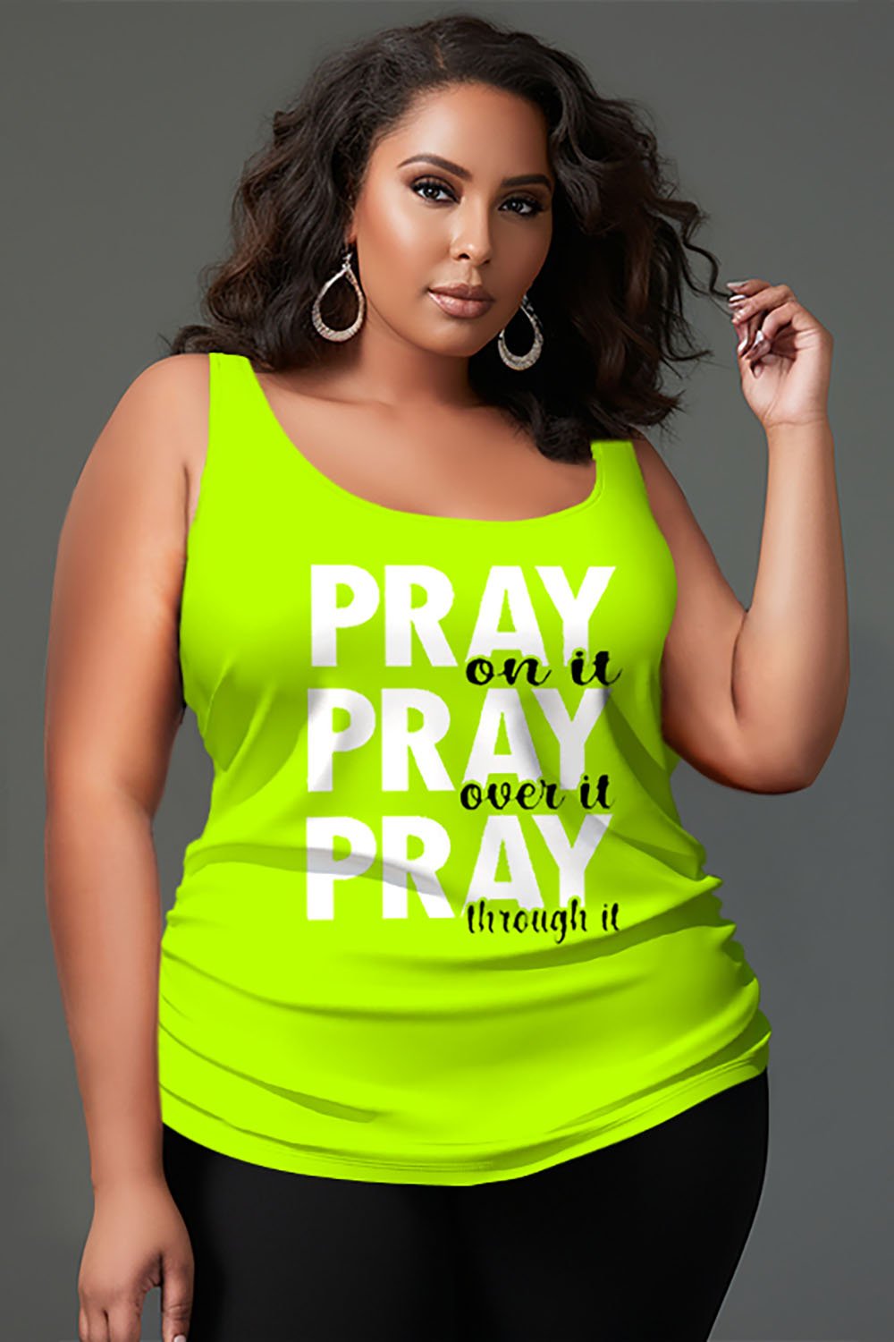 Xpluswear Design Plus Size Casual Fluorescent Green Letter Print U Neck Tank Top