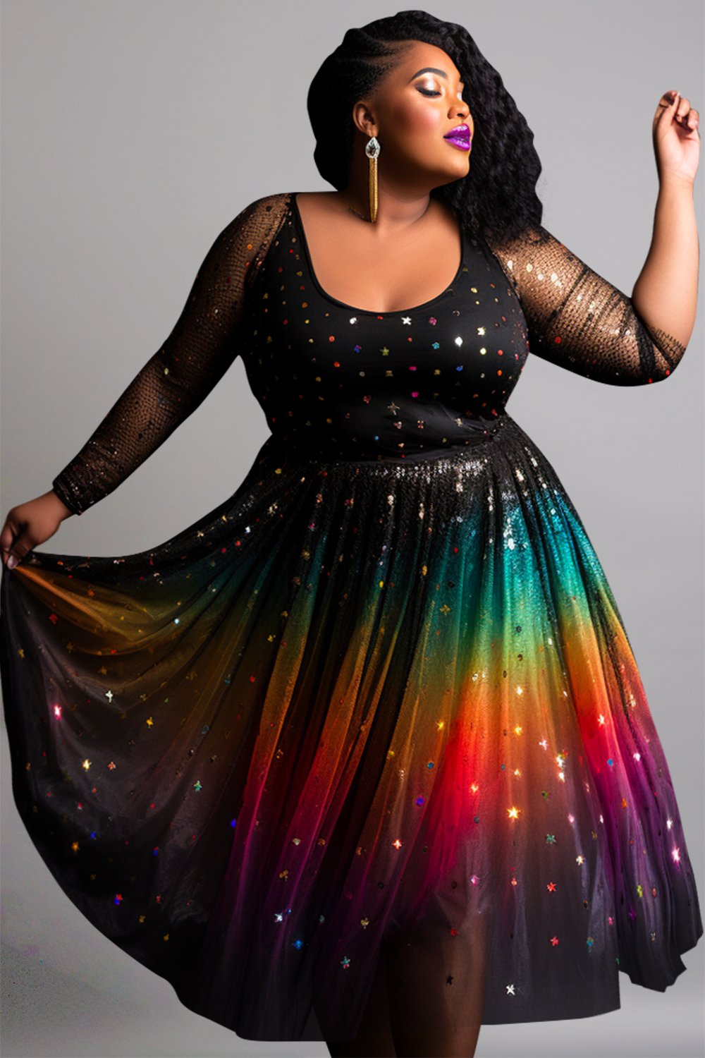 Xpluswear Design Plus Size Party Black Gradient U Neck Tulle Midi Dresses [Pre-Order]