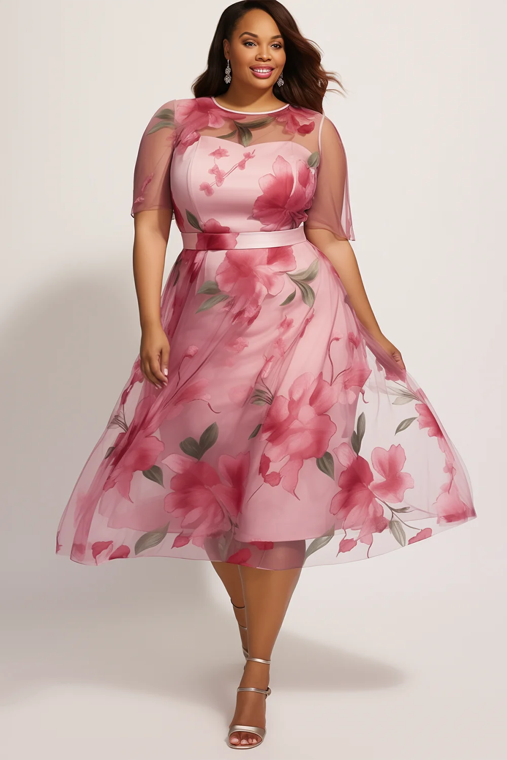 Xpluswear Design Plus Size Wedding Guest Pink Floral Round Neck Short Sleeve See Through Chiffon Midi Dresses [Pre-Order]