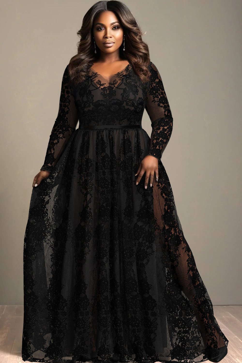 Xpluswear Design Plus Size Semi Formal Elegant Black V Neck Long Sleeve See Through Lace Maxi Dresses [Pre-Order]