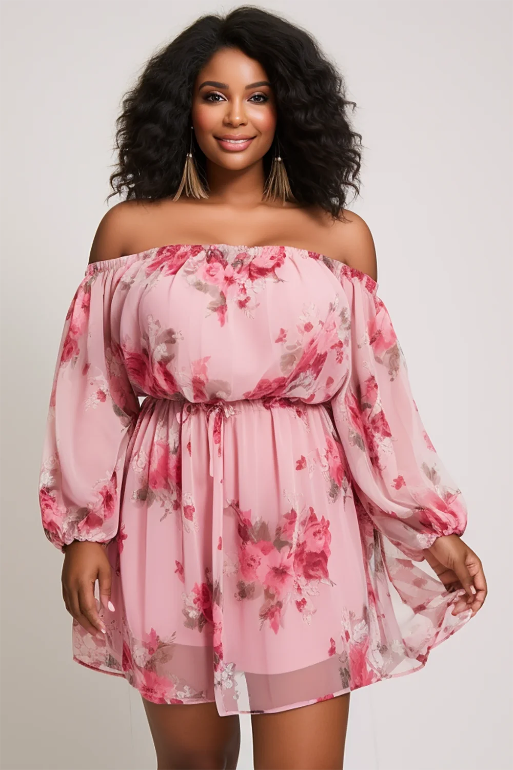 Xpluswear Design Plus Size Vacation Pink Floral Off The Shoulder Lantern Sleeve Long Sleeve Chiffon Mini Dresses [Pre-Order]