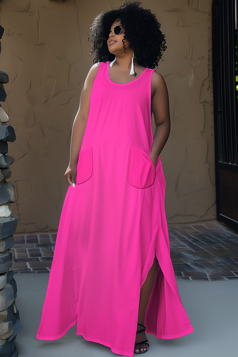 Xpluswear Design Plus Size Magenta Round Neck Sleeveless With Pocket Split Maxi Dress [Pre-Order]