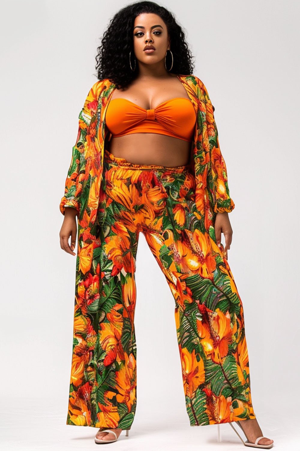 Xpluswear Design Plus Size Vacation Orange All Over Print Long Sleeve Three Piece Sets [Pre-Order]