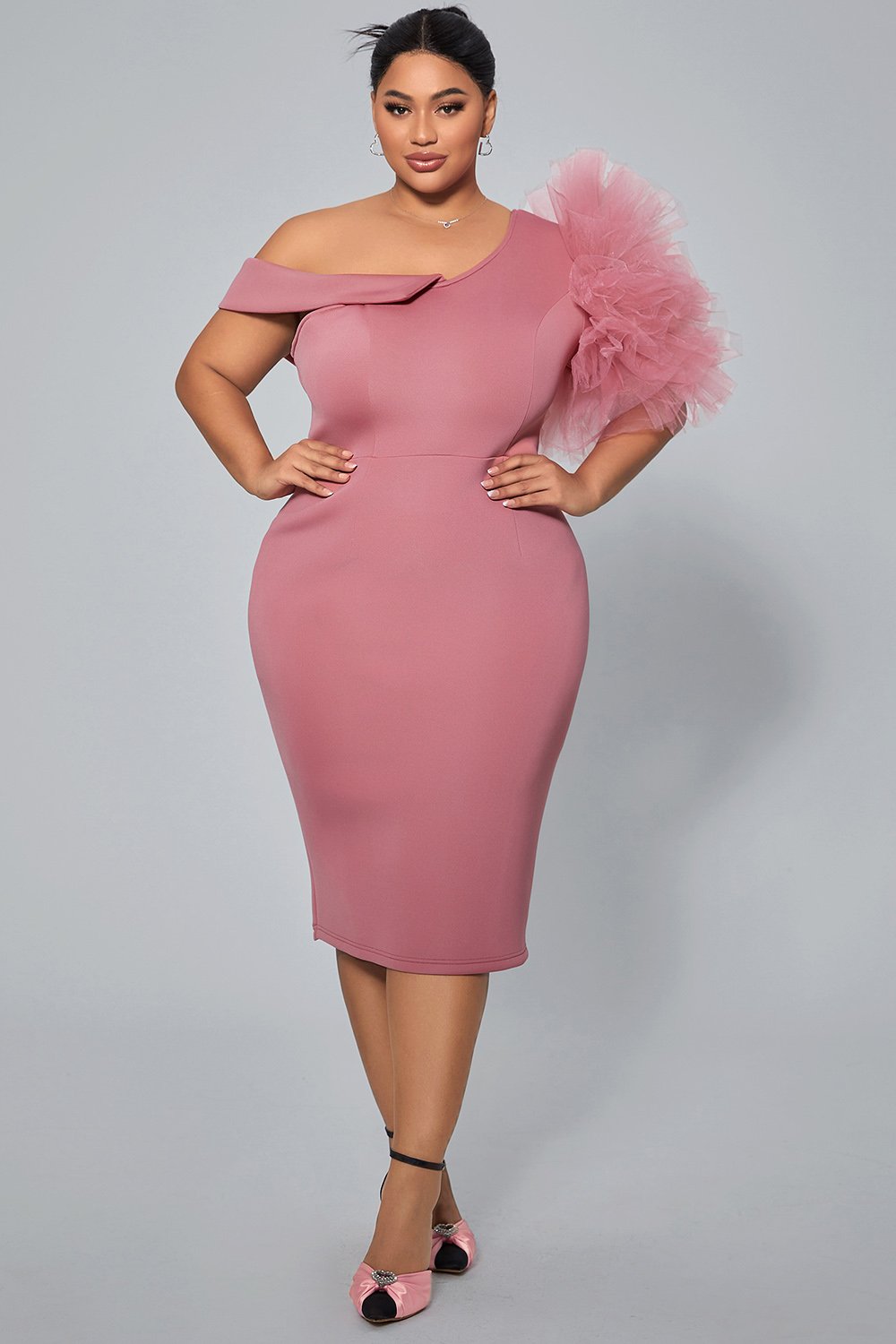 Xpluswear Design Plus Size Party Midi Dresses Elegant Pink Spring Summer One Shoulder 3D Knitted Midi Dresses
