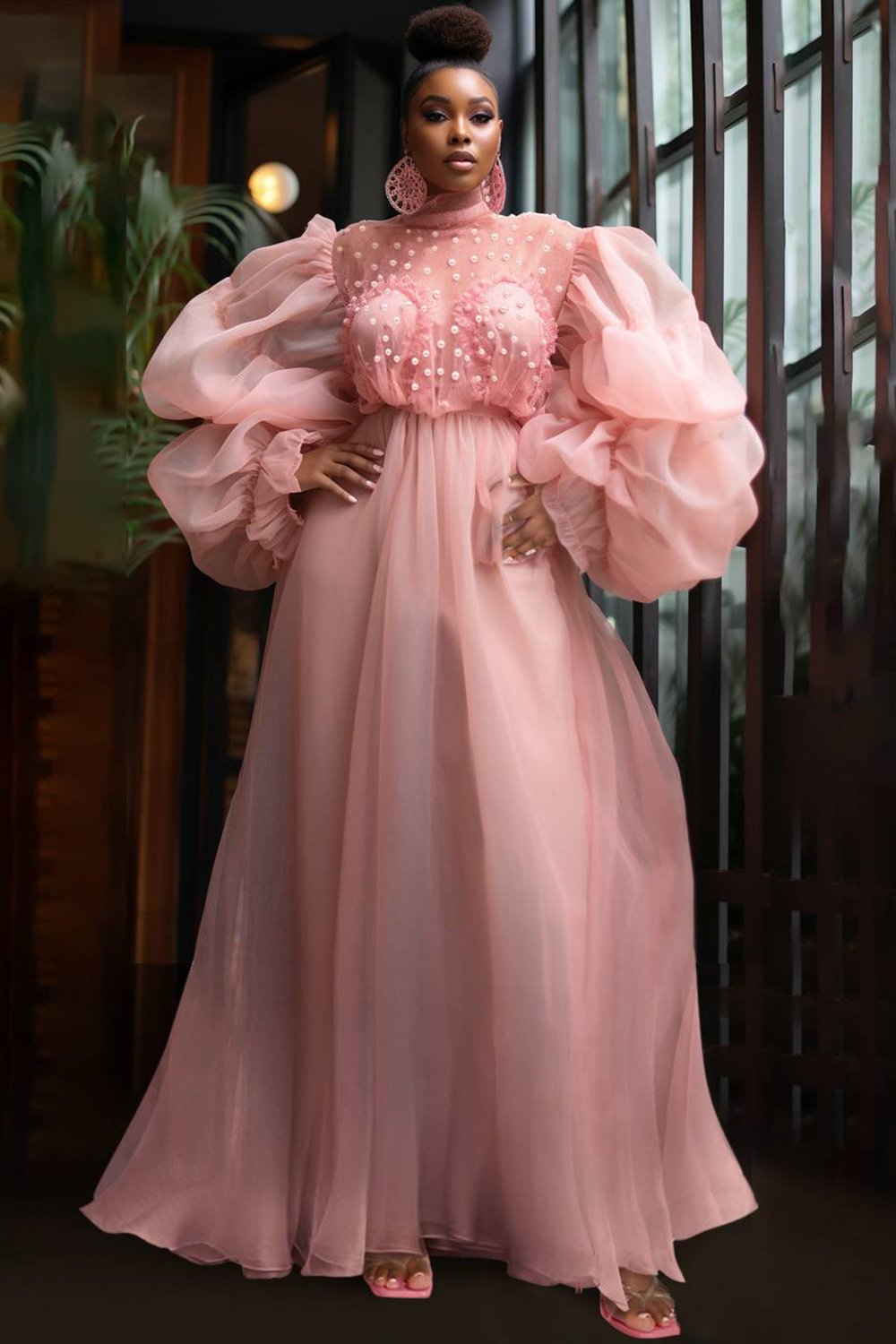 Xpluswear Design Plus Size Wedding Maxi Dresses Elegant Pink Fall Winter Puff Sleeve Long Sleeve Tulle Pearls Mesh Maxi Dresses [Pre-Order]