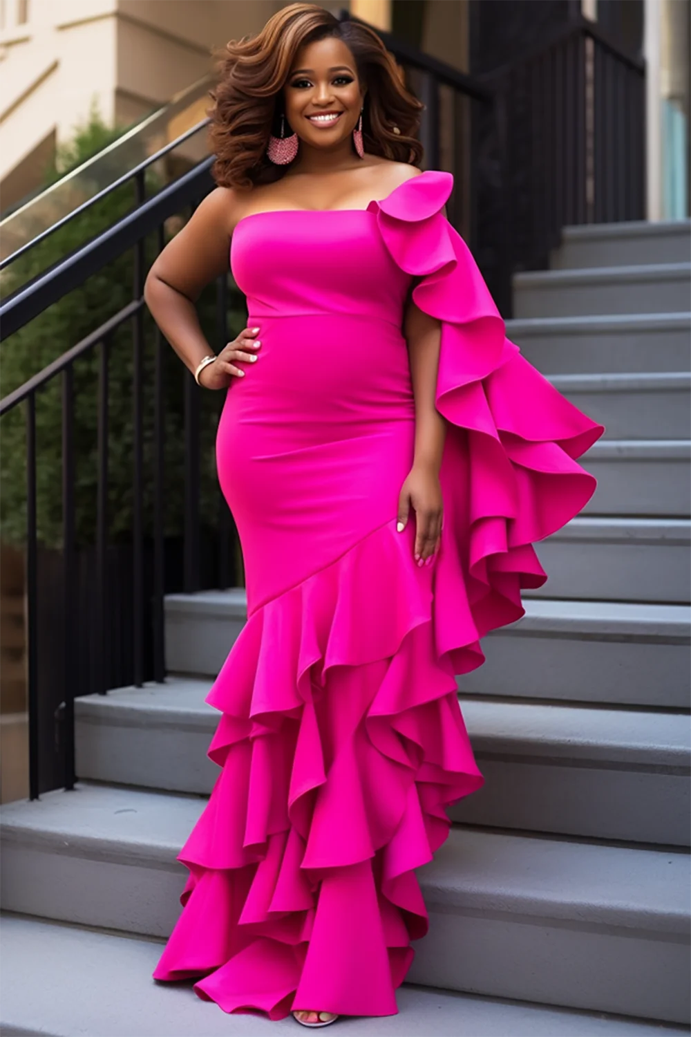 Xpluswear Design Plus Size Formal Magenta One Shoulder Long Sleeve Ruffle Maxi Dresses [Pre-Order]