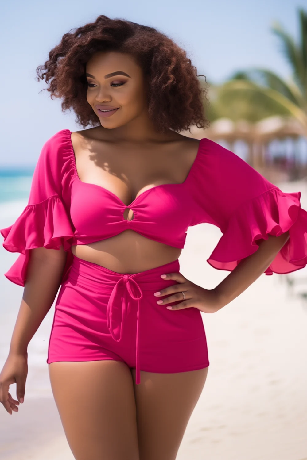 Xpluswear Design Plus Size Beach Hot Pink Square Neck Half Sleeve Ruffle Cut Out Swimsuit Fabric Two Pieces Swimsuit [Pre-Order]