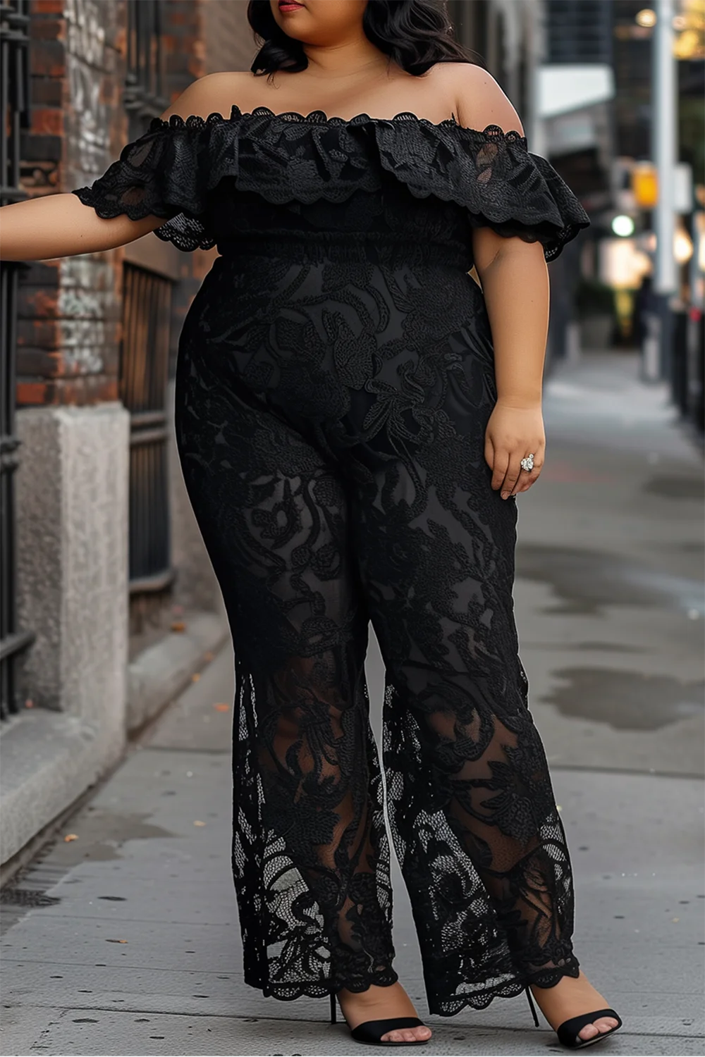 Xpluswear Design Plus Size Semi Formal Black Off The Shoulder Lace Jumpsuits [Pre-Order]