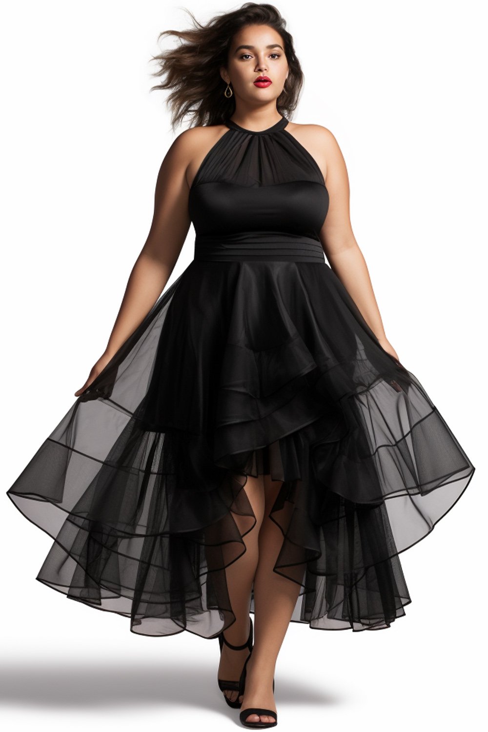 Xpluswear Design Plus Size Evening Black Halter Collar Ruffle Tulle Midi Dresses [Pre-Order]