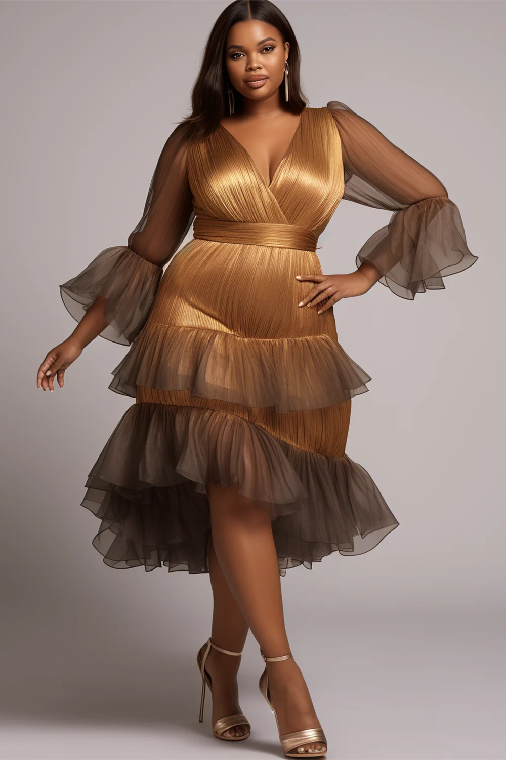 Xpluswear Design Plus Size Party Gold Wrap Neck 3/4 Sleeve See Through Tiered Mesh Midi Dresses [Pre-Order]