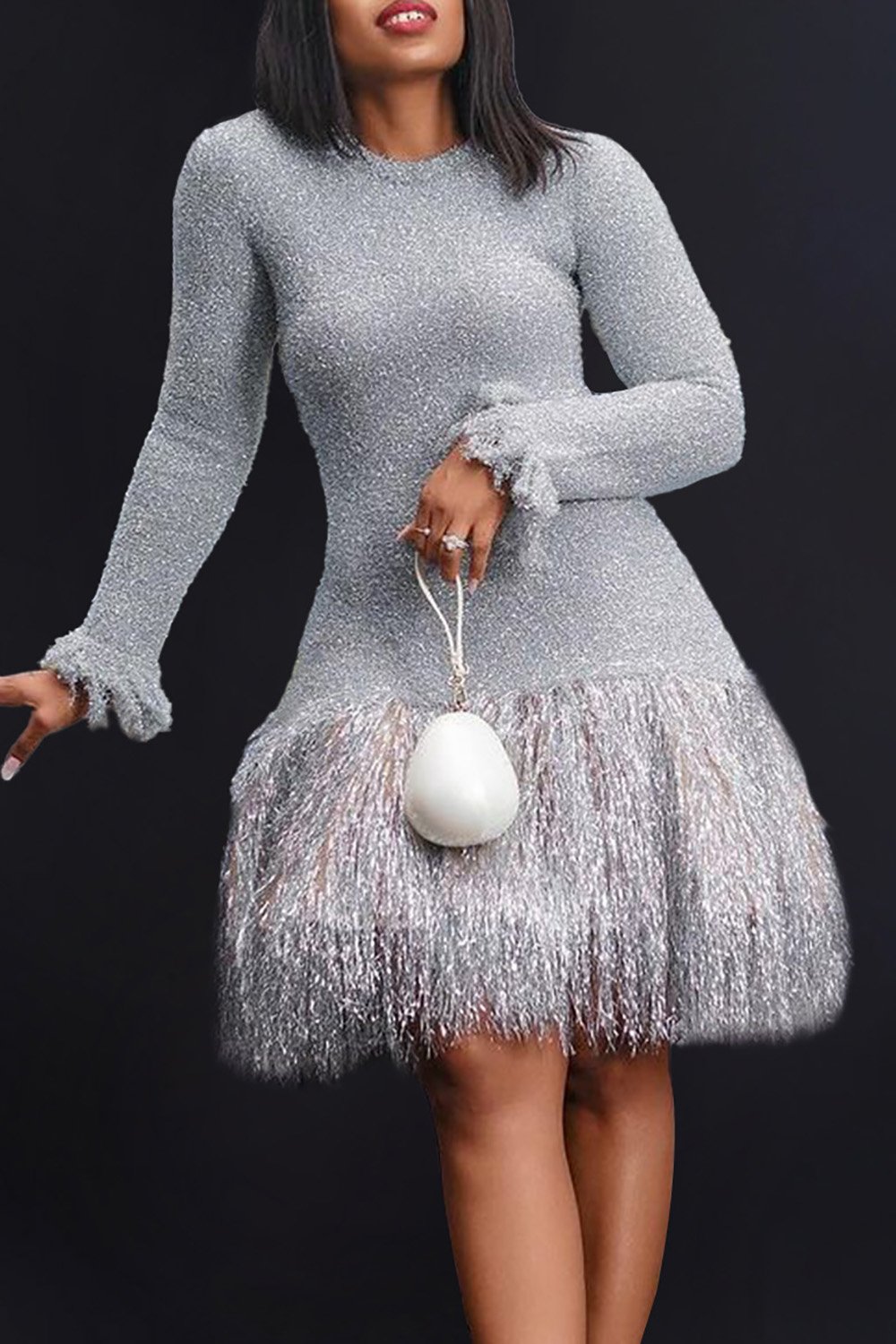 Plus Size Party Elegant Silver Spring Summer Round Neck Long Sleeve Strappy Knitted Mini Dresses