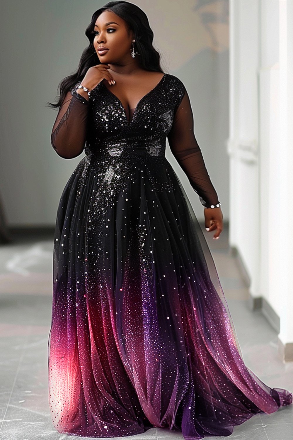 Xpluswear Design Plus Size Evening Black V Neck Gradient See Through Glitter Maxi Dresses [Pre-Order]