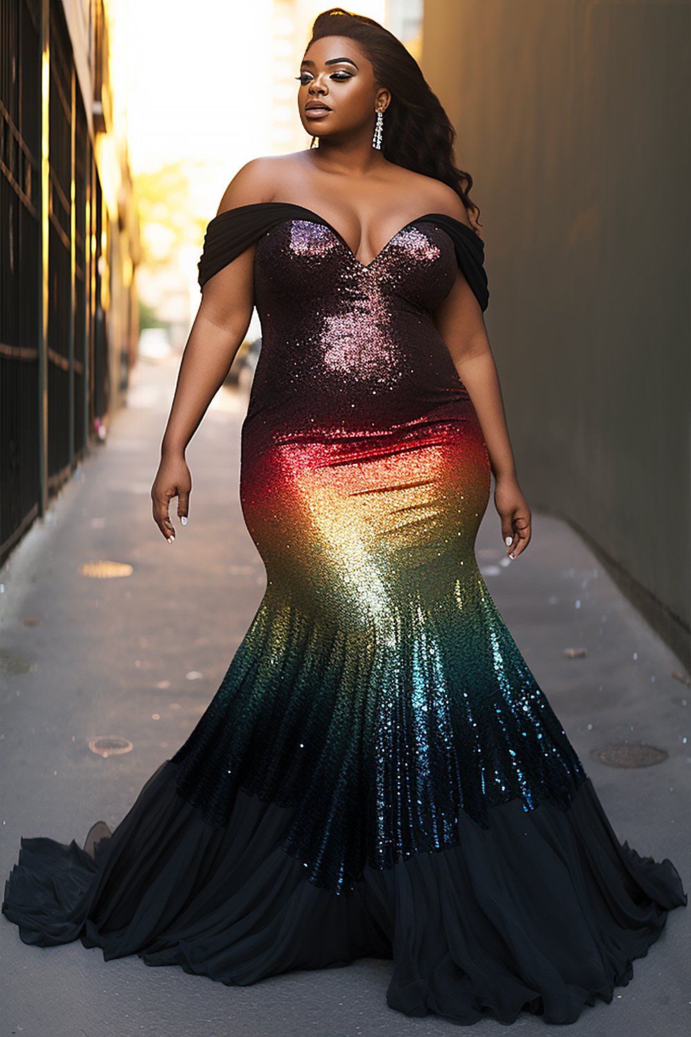 Xpluswear Design Plus Size Cocktail Party Multicolor Gradient Off The Shoulder Asymmetric Hem Sequin Maxi Dresses [Pre-Order]