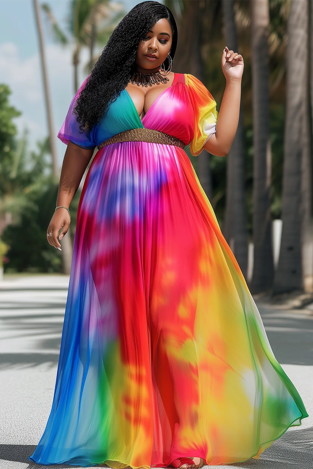 Xpluswear Design Plus Size Vacation Colorful Tie Dye V Neck Short Sleeve Maxi Dress [Pre-Order]