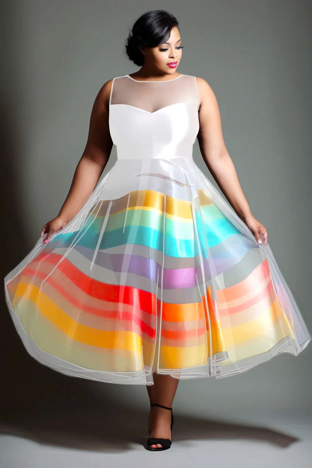 Xpluswear Design Plus Size Semi Formal White Colorblock Round Neck Organza Midi Dresses [Pre-Order]