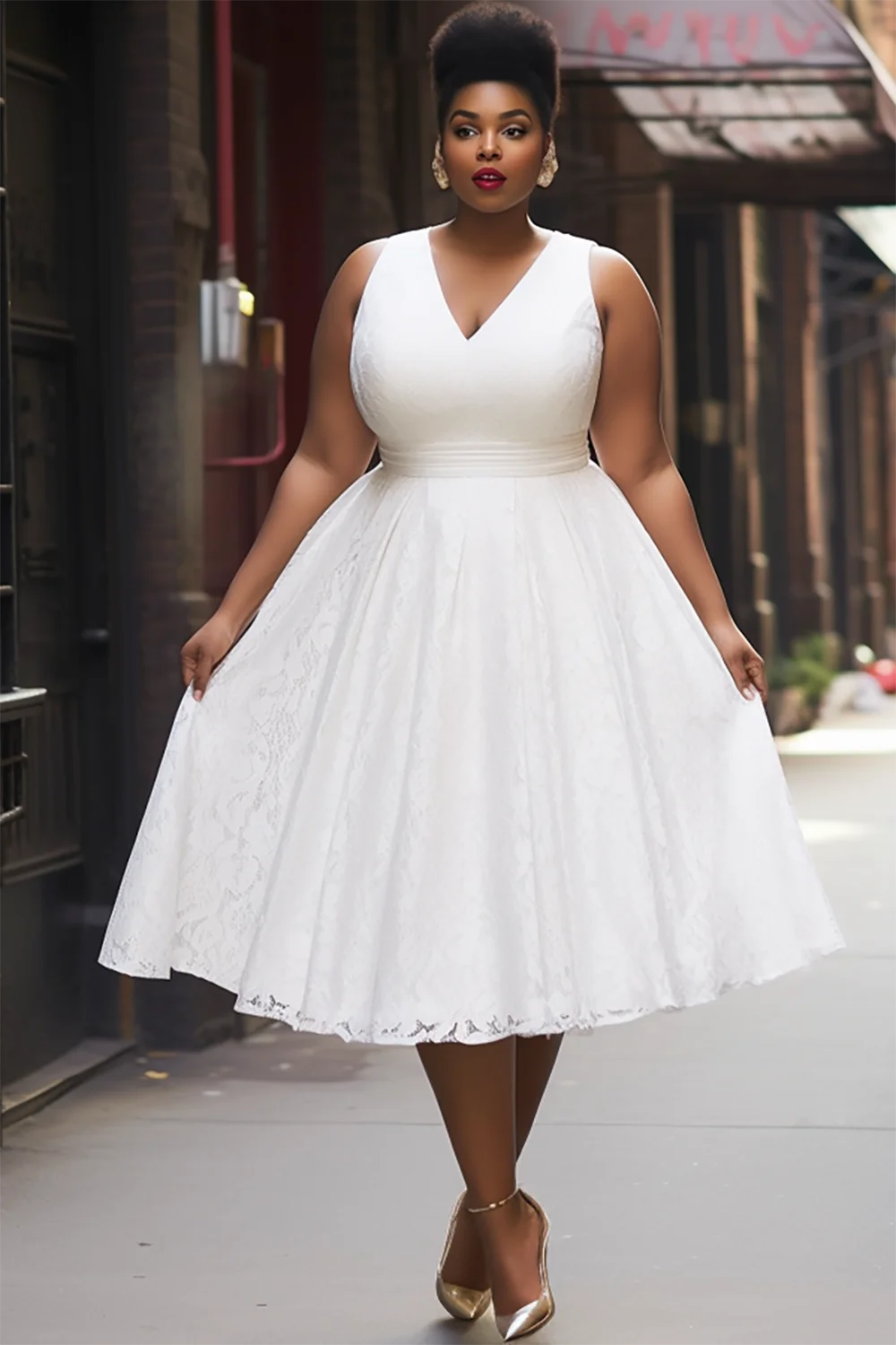 Xpluswear Design Plus Size Semi Formal White Elegant V Neck Lace Midi Dresses [Pre-Order]