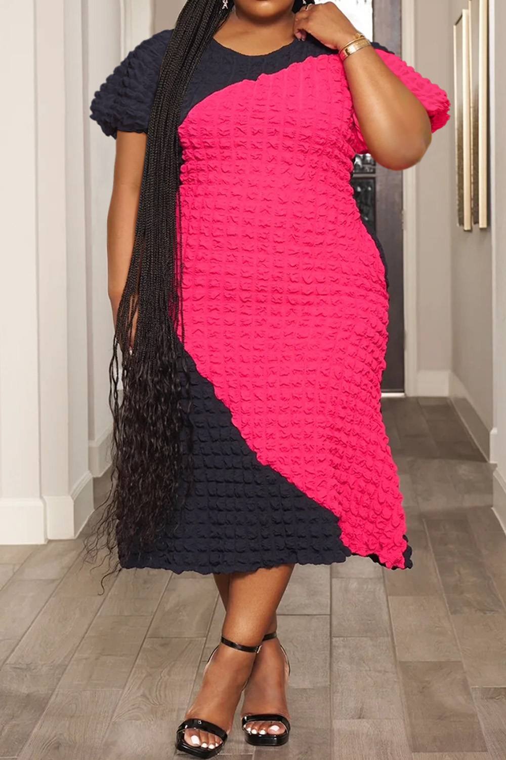 Plus Size Daily Multicolor Colorblock Round Neck Puff Knitted Sleeve Short Sleeve Midi Dresses [Pre-Order]