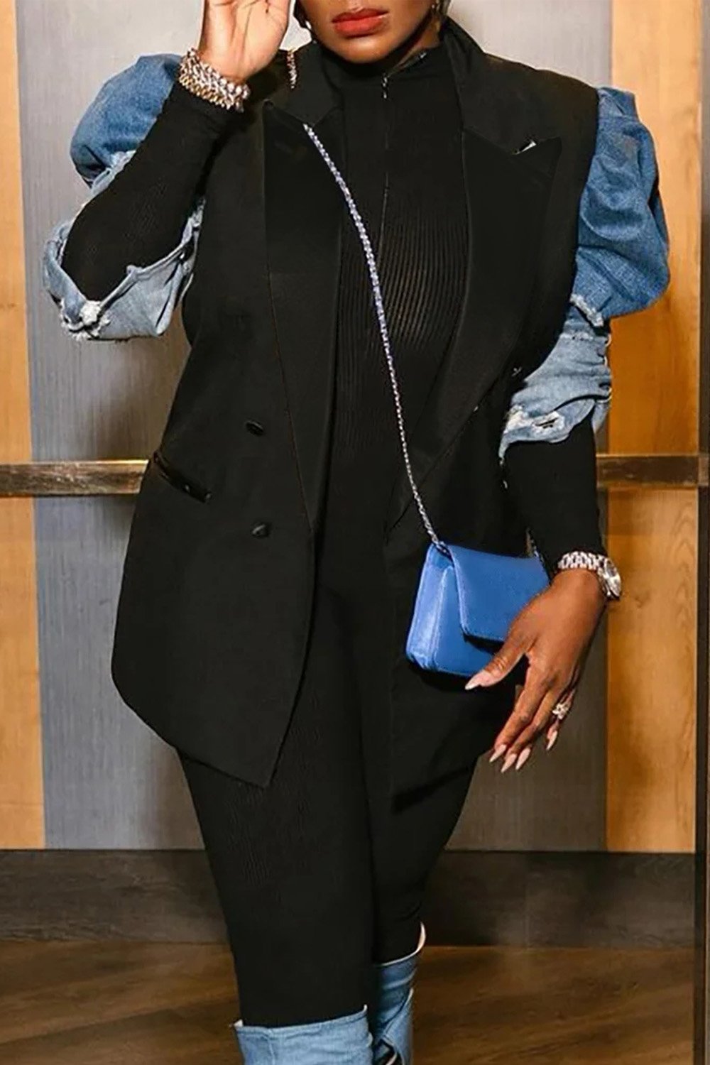 Plus Size Daily Blazer Black Denim Patchwork Puff Sleeve Blazer