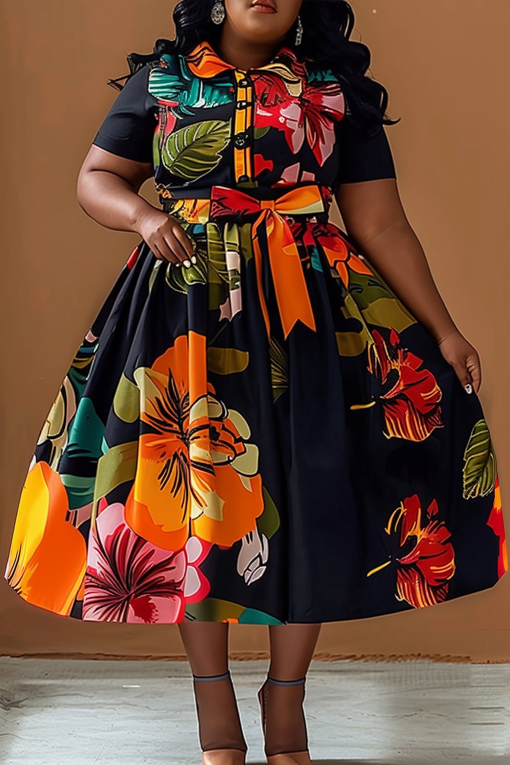 Xpluswear Design Plus Size Business Casual Multicolor Floral Shirt Collar Short Sleeve Bow Tie Two Maxi Dresses