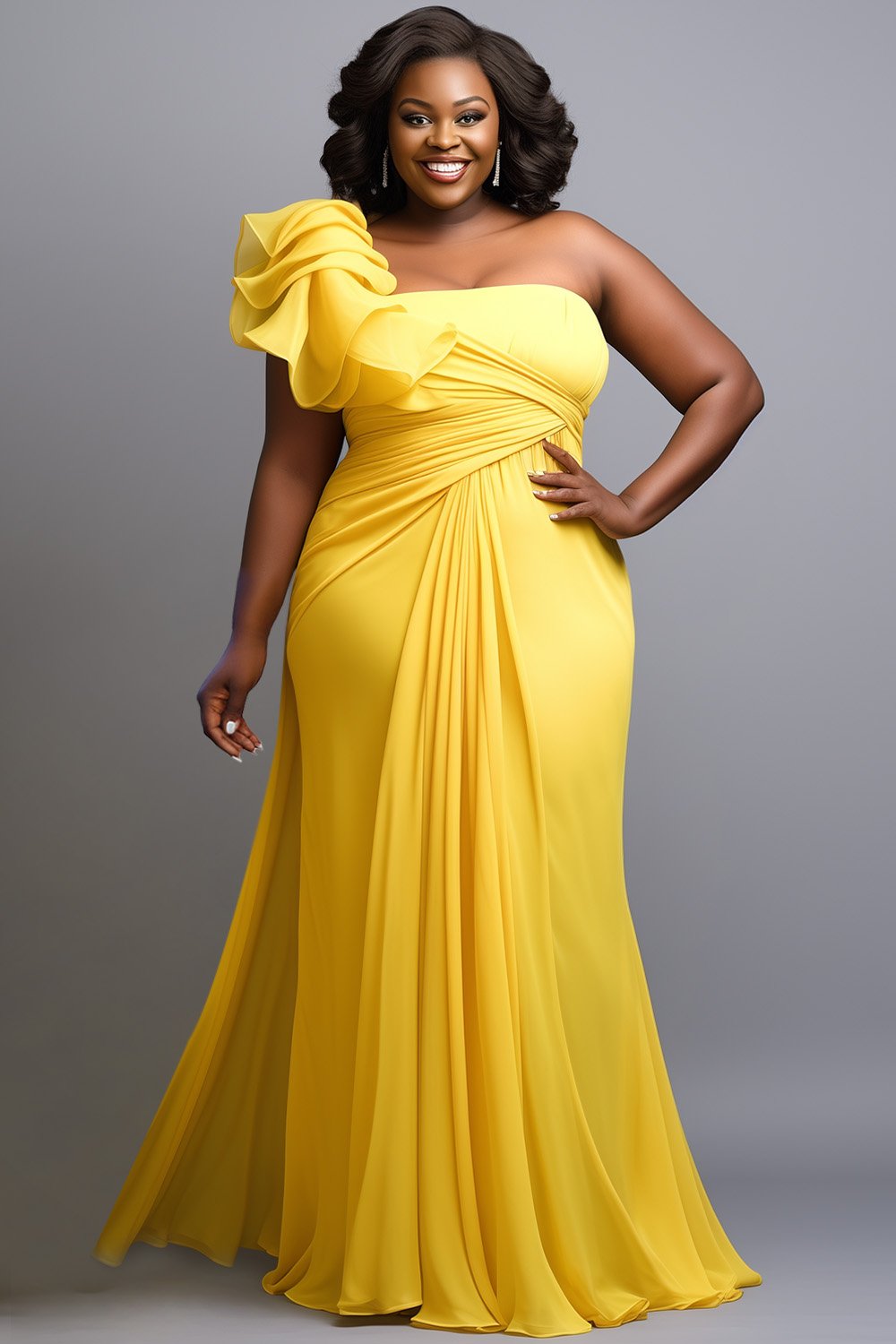 Xpluswear Design Plus Size Formal Yellow Asymmetrical Collar Waistcoat Ruffled Fold Chiffon Maxi Dresses [Pre-Order]