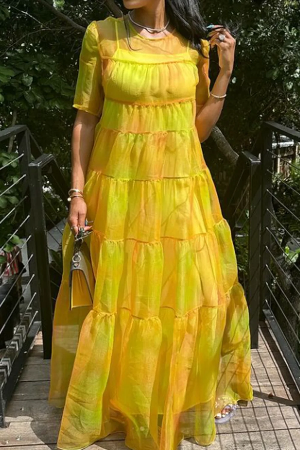 Plus Size Daily Yellow All Over Print Round Neck Short Sleeve See Through Organza Maxi Dresses (With Inside Dress) [Pre-Order]