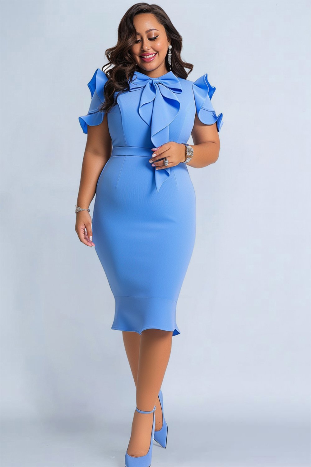 Xpluswear Design Plus Size Business Casual Blue Short Sleeve Ruffle Bow Tie Knitted Midi Dresses [Pre-Order]