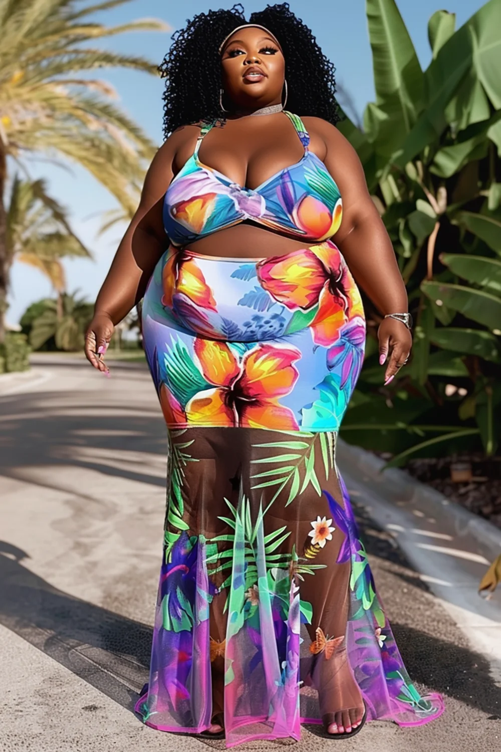 Xpluswear Design Plus Size Beach Purple Tropical Print See Through Swimsuit Fabric Swimwear Skirt