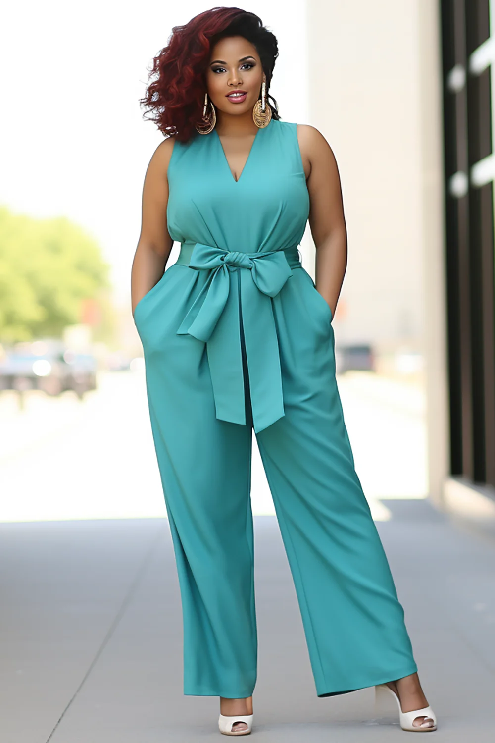 Xpluswear Design Plus Size Semi Formal Cyan V Neck Bow Tie Pocket Jumpsuits [Pre-Order]