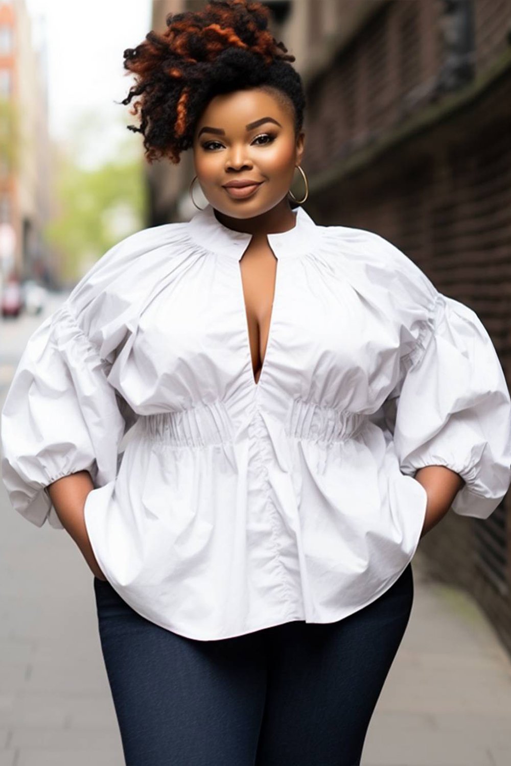 Xpluswear Design Plus Size Semi Formal White Puff Sleeve 3/4 Sleeve Shirt