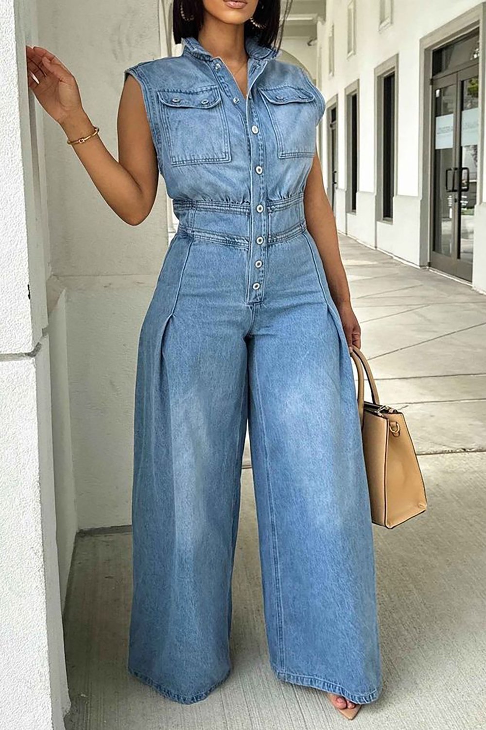 Plus Size Daily Blue Shirt Collar Button Pleated Wide Leg Denim Jumpsuits [Pre-Order]