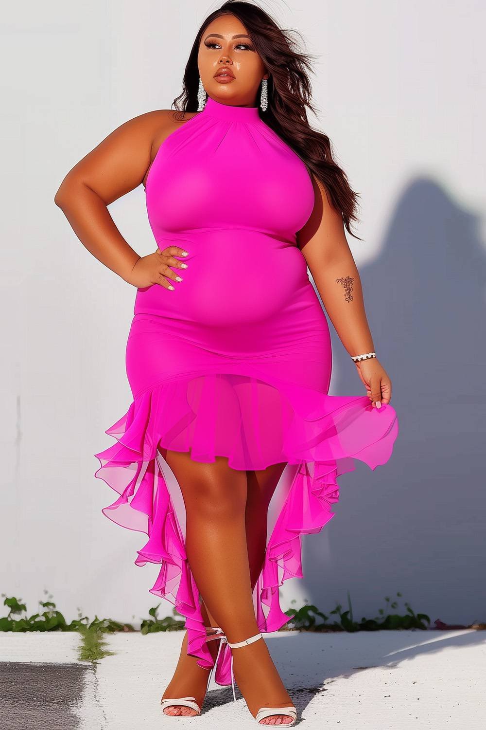 Xpluswear Design Plus Size Vacation Magenta Sundress Halter Collar Asymmetric Hem Knitted Mini Dresses [Pre-Order]