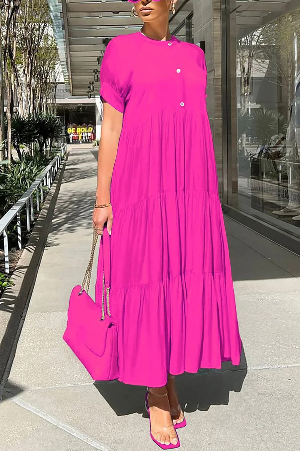 Xpluswear Plus Size Vacation Hot Pink Round Neck Short Sleeve Ruffle Maxi Dress