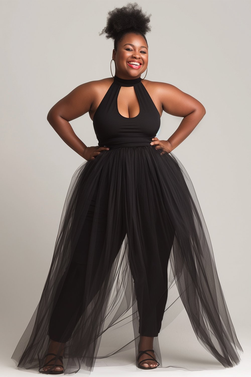 Xpluswear Design Plus Size Daily Black Halter Collar Contrast Cut Out Knitted Jumpsuits [Pre-Order]