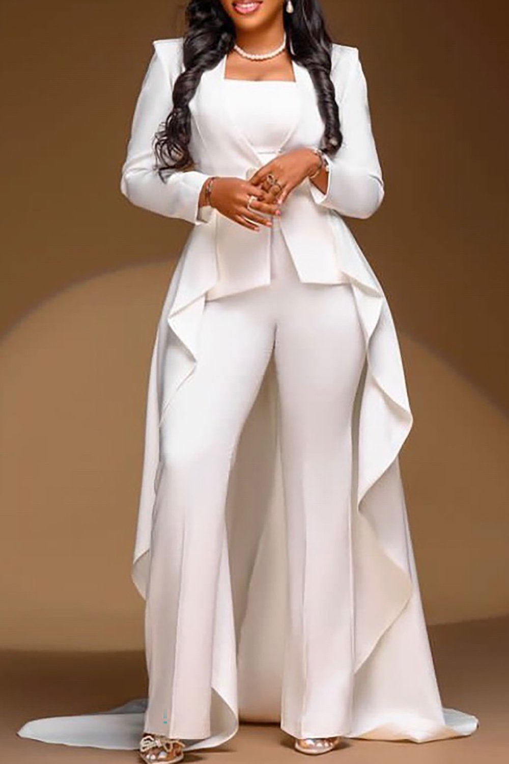 Plus Size Formal White V Neck Asymmetric Hem Two Piece Pant Sets [Pre-Order]