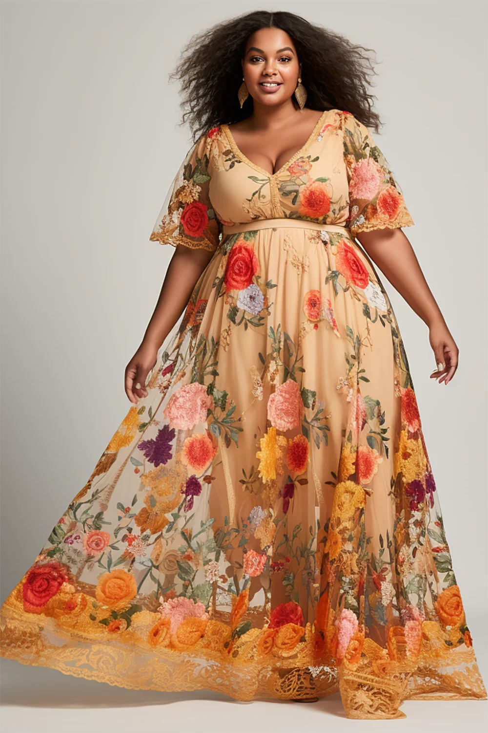 Xpluswear Design Plus Size Beach Elegant Orange Floral V Neck Short Sleeve Lace Maxi Dresses [Pre-Order]