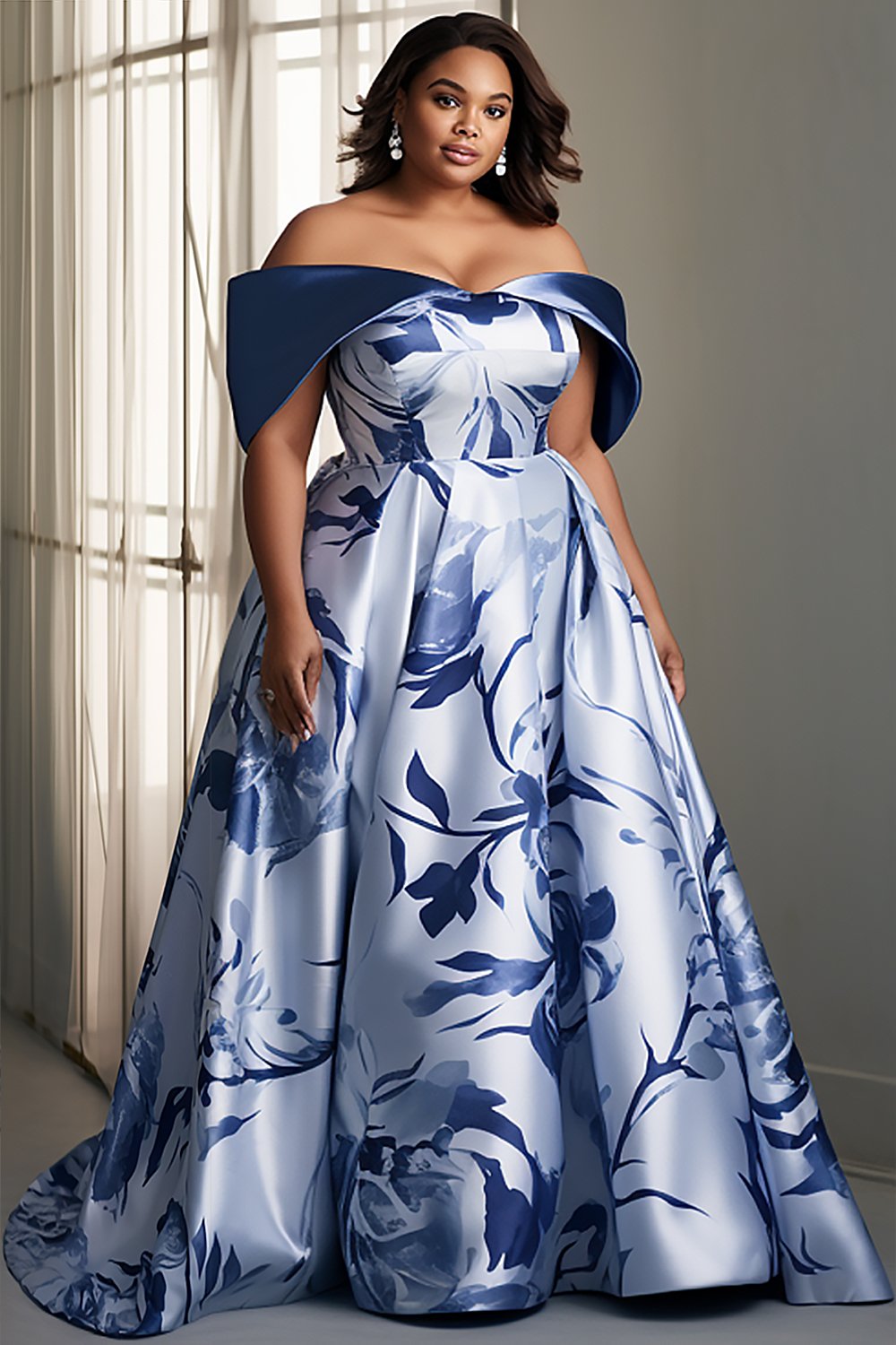 Xpluswear Design Plus Size Mother Of The Bride Blue Floral Print Off The Shoulder Satin Maxi Dresses [Pre-Order]