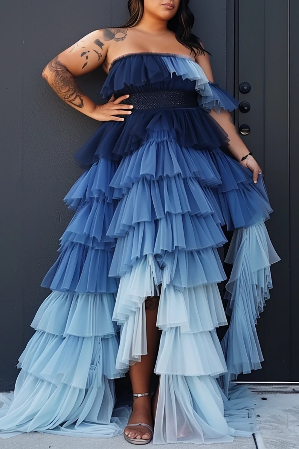 Xpluswear Design Plus Size Vacation Blue Gradient Strapless Tiered Tulle Maxi Dresses [Pre-Order]