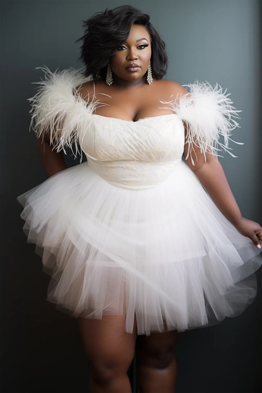 Xpluswear Design Plus Size Party Mini Dresses White Spring Summer Off The Shoulder Feather Tiered Tulle Mini Dresses [Pre-Order]