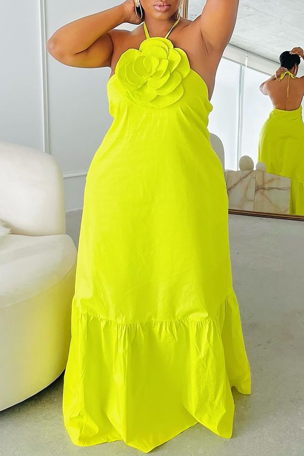 Plus Size Vacation Fluorescent Green Halter Collar 3D Backless Cotton Maxi Dresses [Pre-Order]