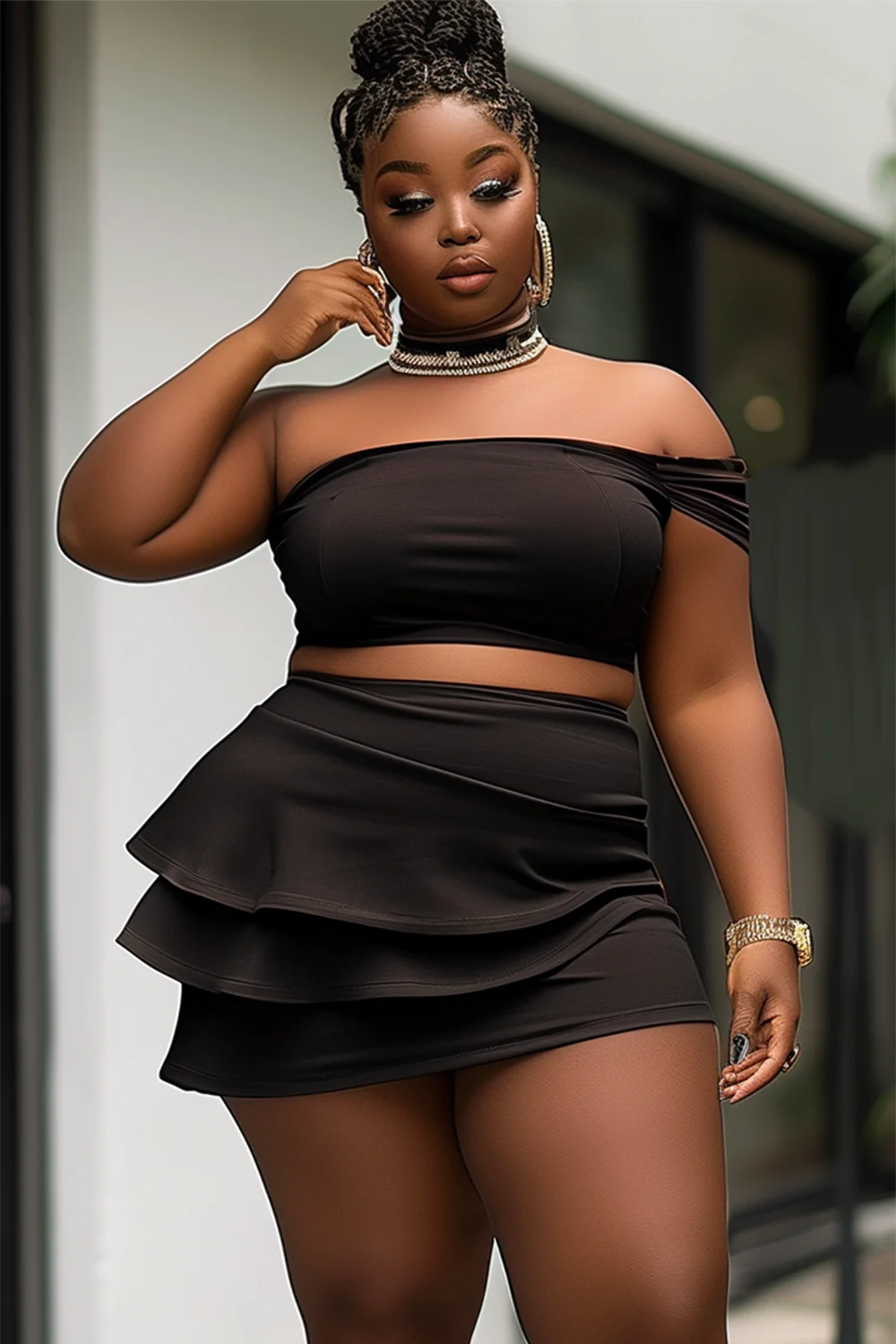 Xpluswear Design Plus Size Daily Black One Shoulder Ruffle Knitted Two Pieces Skirt Sets [Pre-Order]