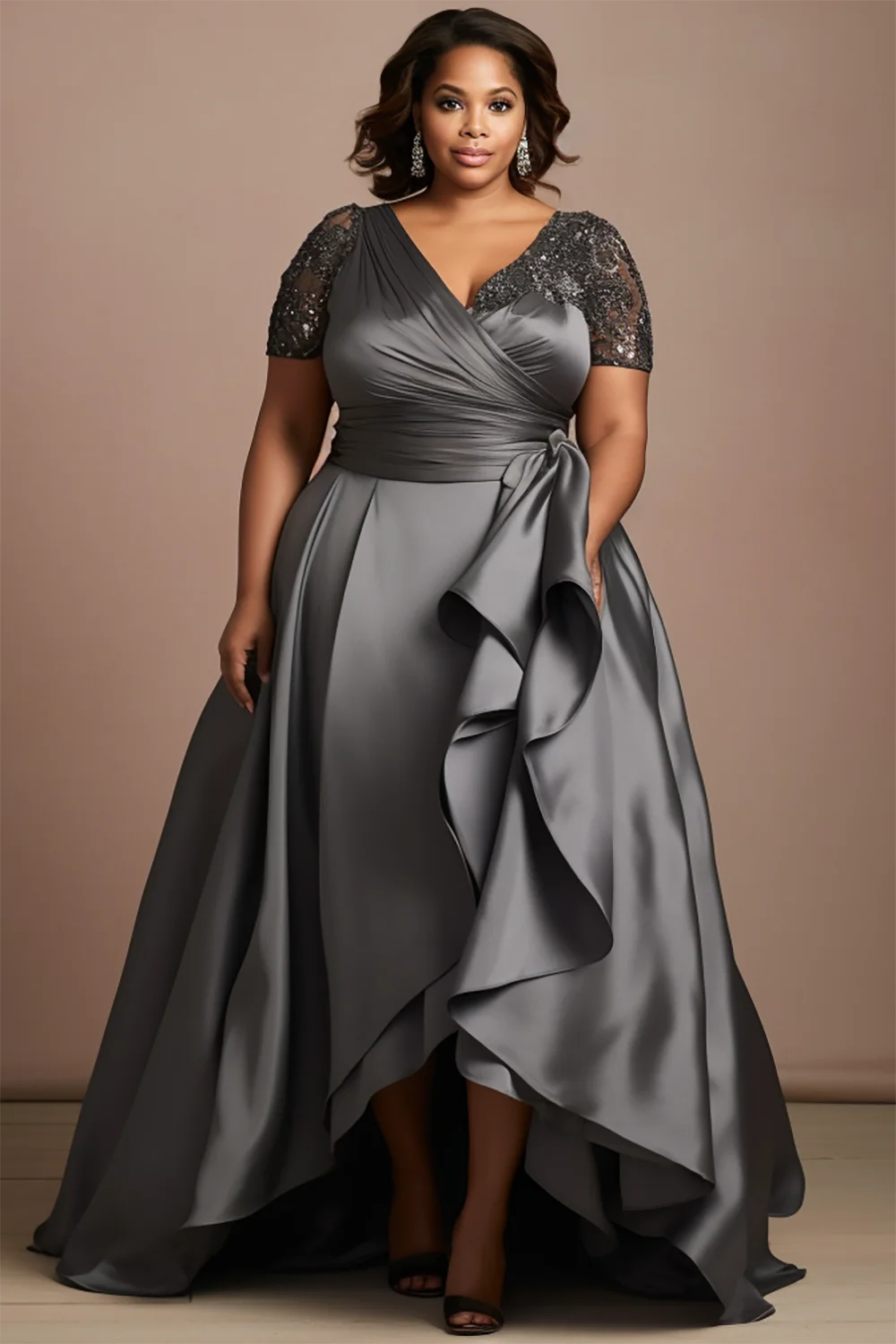 Xpluswear Design Plus Size Mother Of The Bride Grey Wrap Neck Short Sleeve Drilling Asymmetric Hem Satin Maxi Dresses [Pre-Order]