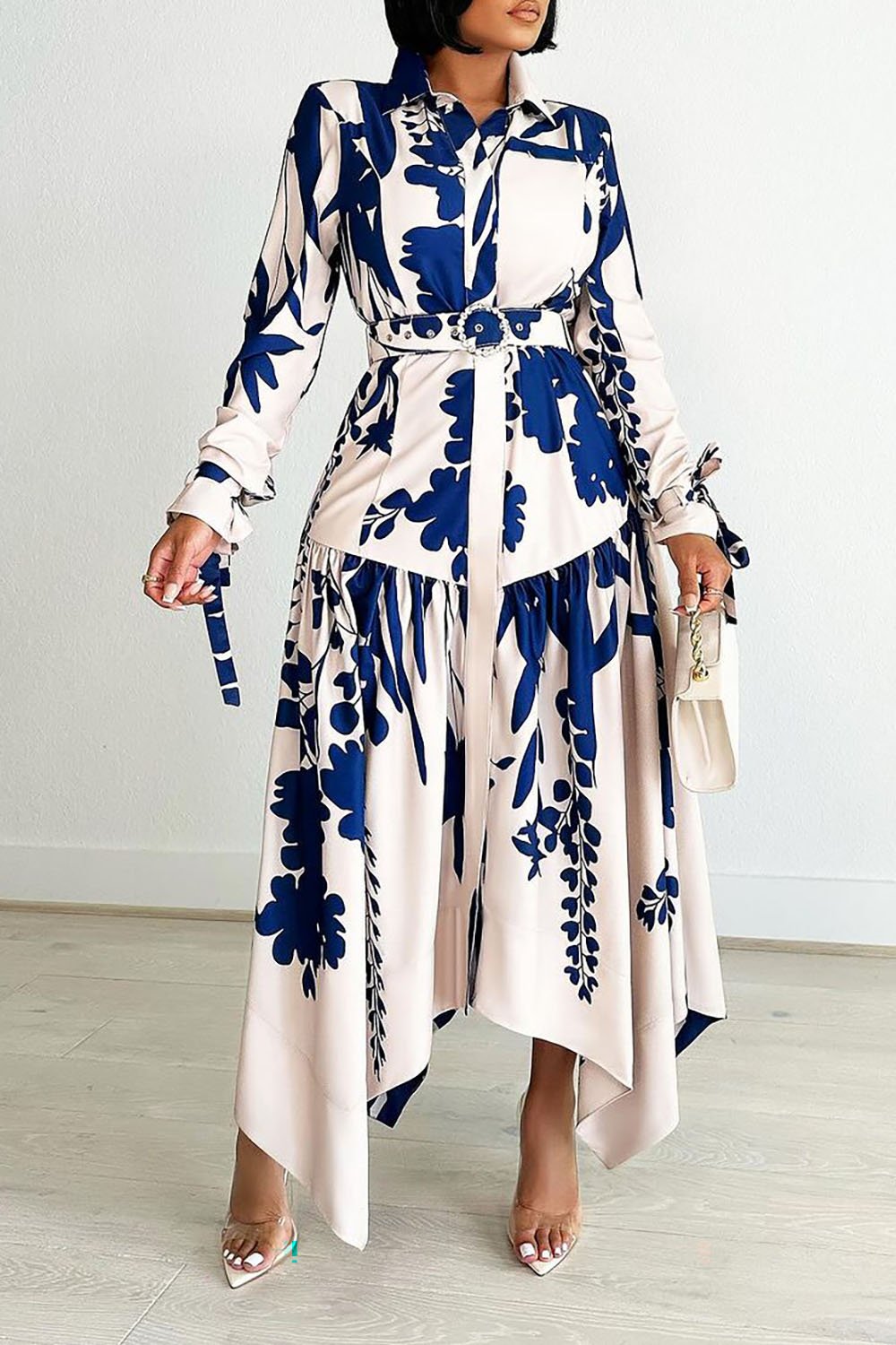 Plus Size Daily Maxi Dresses Elegant Blue Floral Fall Winter Shirt Collar Long Sleeve Asymmetric Hem Maxi Dresses [Pre-Order]