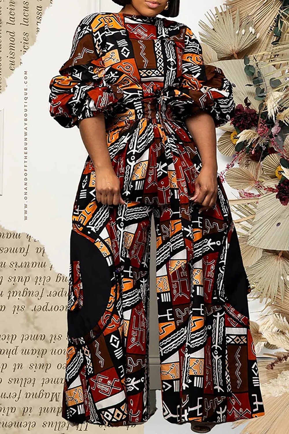 Plus Size Daily Pant Set Brown All Over Ankara Print High Waist Wide Leg Two Piece Pant Set