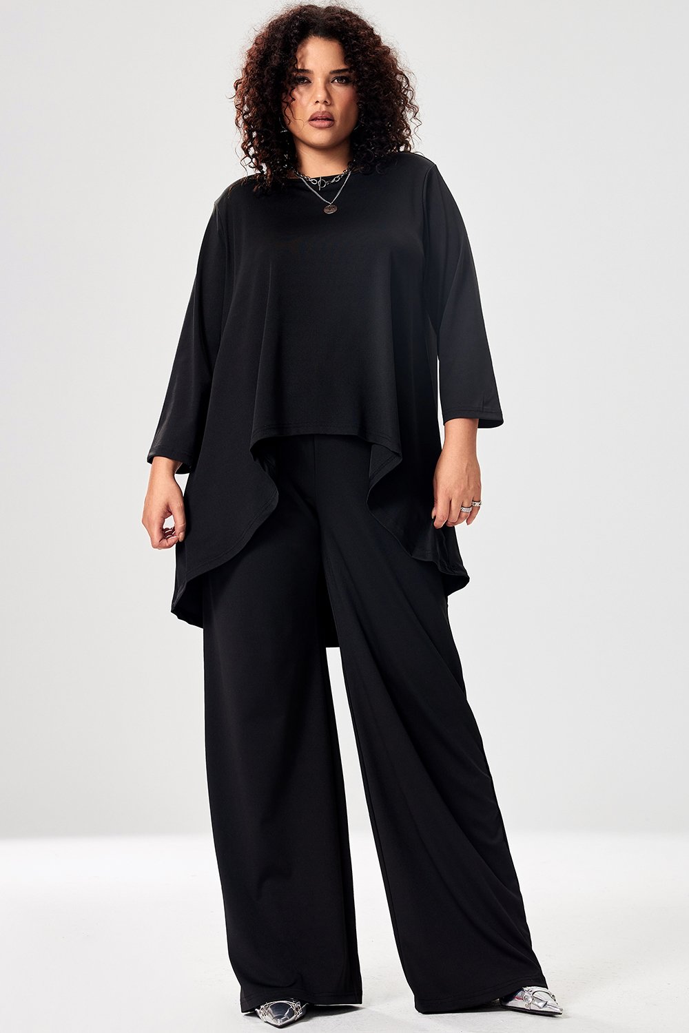Xpluswear Design Plus Size Casual Pant Set Black Round Neck Short Sleeve Irregular Two Piece Pant Set