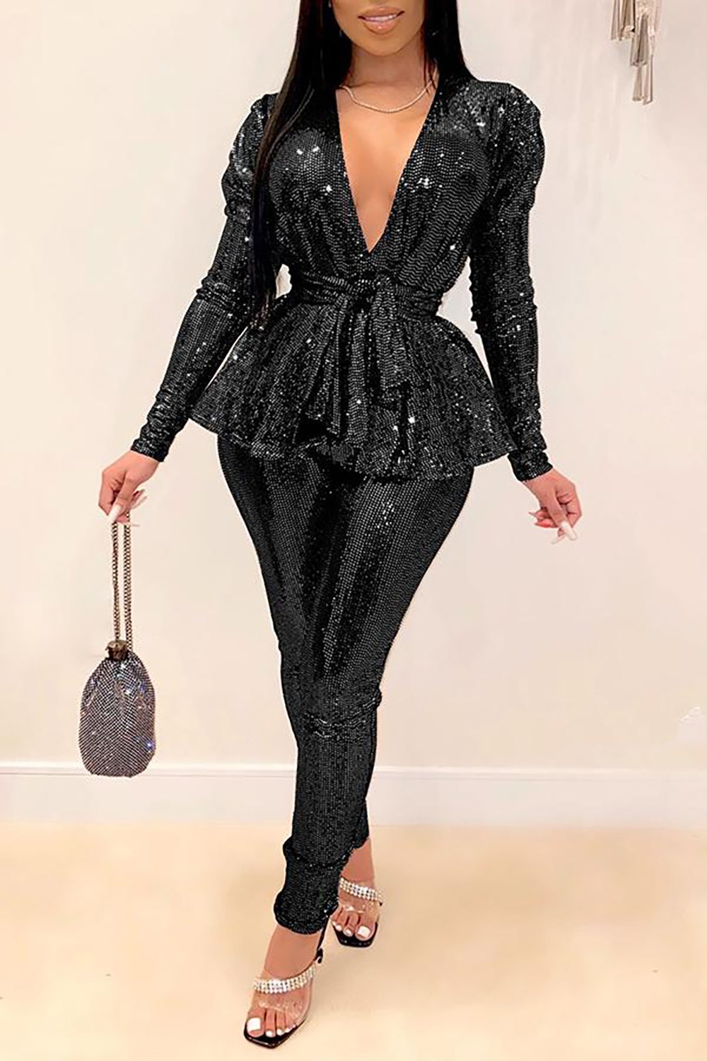 Plus Size Party Black V-Neck Long Sleeve Wrap Glitter Two Piece Pant Set