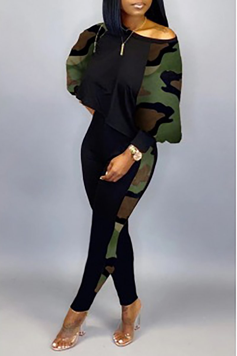 Xpluswear Plus Size Daily Camo Print Long Sleeve Patchwork Two Pieces Pants Set